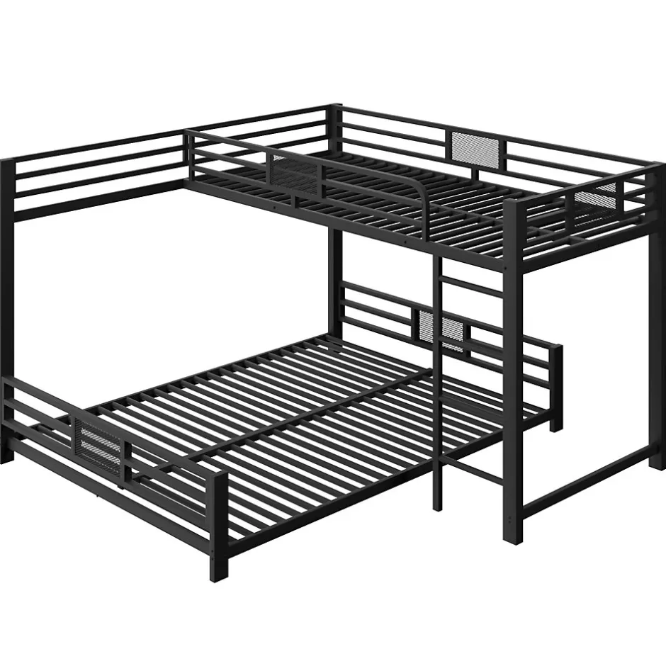 Enfant ModernLuxe Lit superposé en métal en forme de L - 90x200cm + 140x200 cm - Barrières de sécurité et échelle - Métal - Noir (sans matelas)