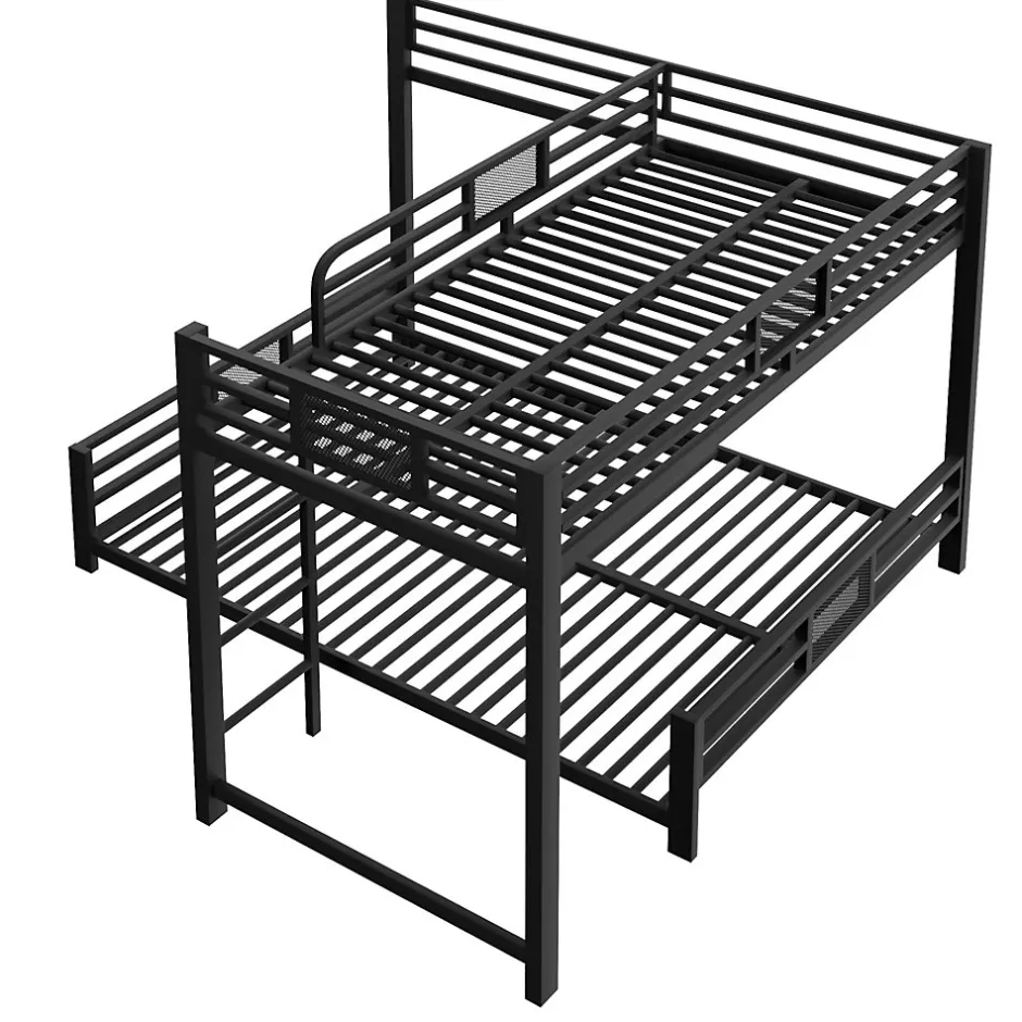 Enfant ModernLuxe Lit superposé en métal en forme de L - 90x200cm + 140x200 cm - Barrières de sécurité et échelle - Métal - Noir (sans matelas)