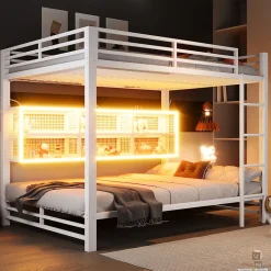 Enfant ModernLuxe Lit superposé en métal 140x200 cm - Avec placards de rangement et LED - 6 compartiments de rangement - Blanc (sans matelas)