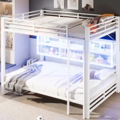 Enfant ModernLuxe Lit superposé en métal 140x200 cm - Avec placards de rangement et LED - 6 compartiments de rangement - Blanc (sans matelas)