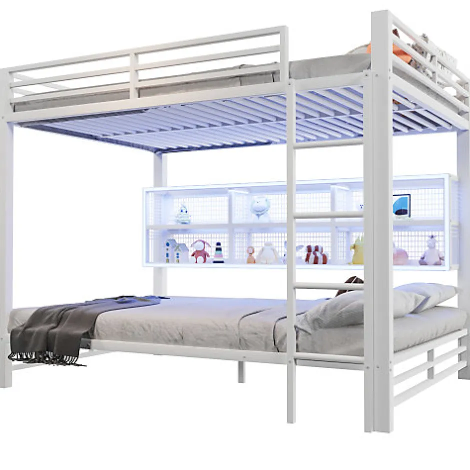 Enfant ModernLuxe Lit superposé en métal 140x200 cm - Avec placards de rangement et LED - 6 compartiments de rangement - Blanc (sans matelas)