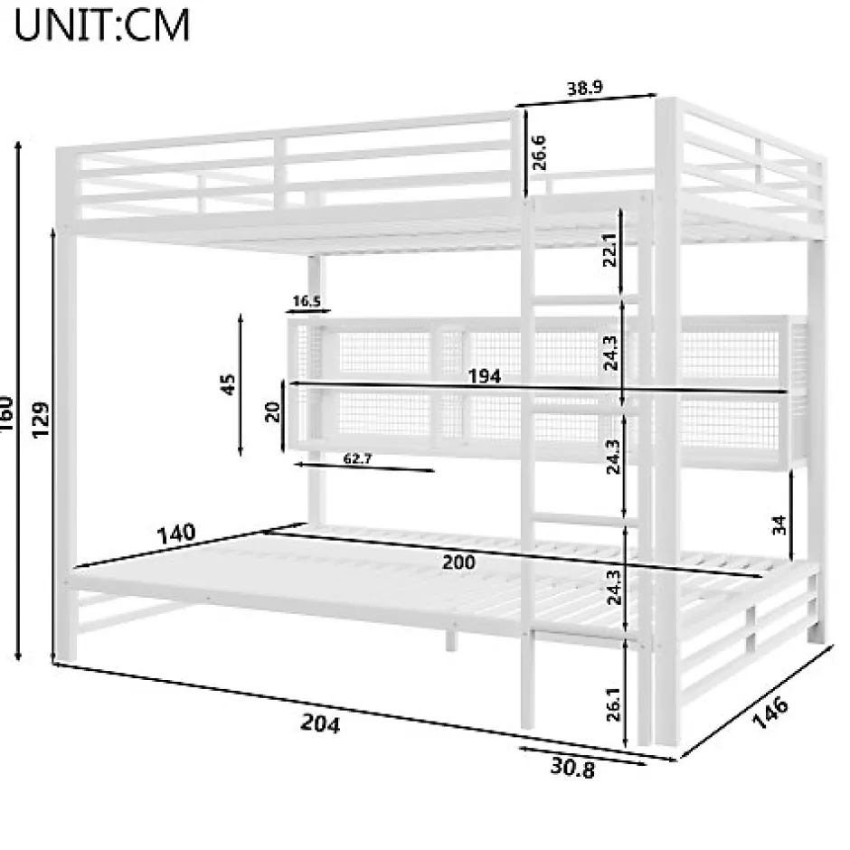 Enfant ModernLuxe Lit superposé en métal 140x200 cm - Avec placards de rangement et LED - 6 compartiments de rangement - Blanc (sans matelas)