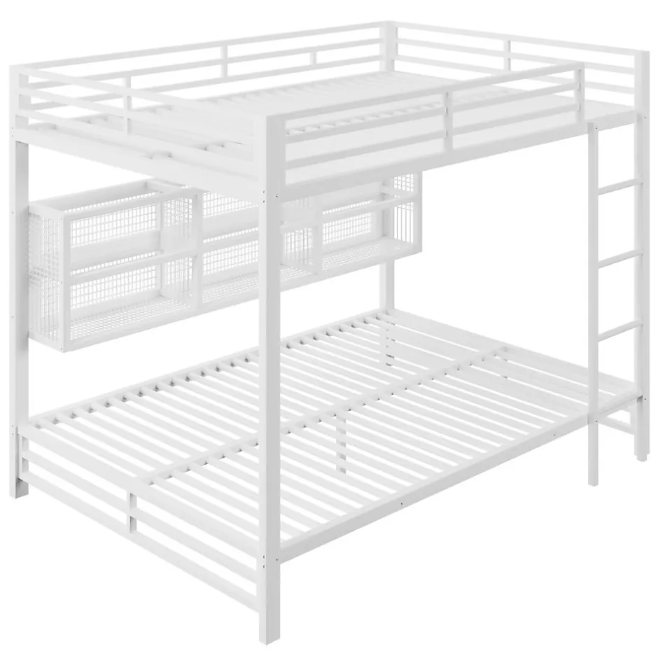 Enfant ModernLuxe Lit superposé en métal 140x200 cm - Avec placards de rangement et LED - 6 compartiments de rangement - Blanc (sans matelas)