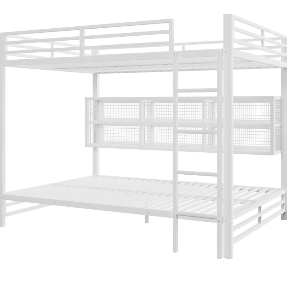 Enfant ModernLuxe Lit superposé en métal 140x200 cm - Avec placards de rangement et LED - 6 compartiments de rangement - Blanc (sans matelas)