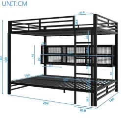 Enfant ModernLuxe Lit superposé en métal 140x200 cm - Avec placards de rangement et LED - 6 compartiments de rangement - Moir (sans matelas)
