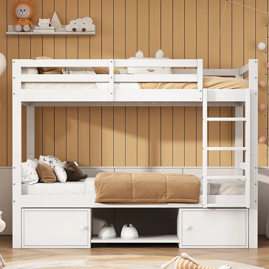 Simple Life Lit superposé enfant avec rangements chaussures et casiers, convertible 2 lits simples, blanc, 90x200 cm