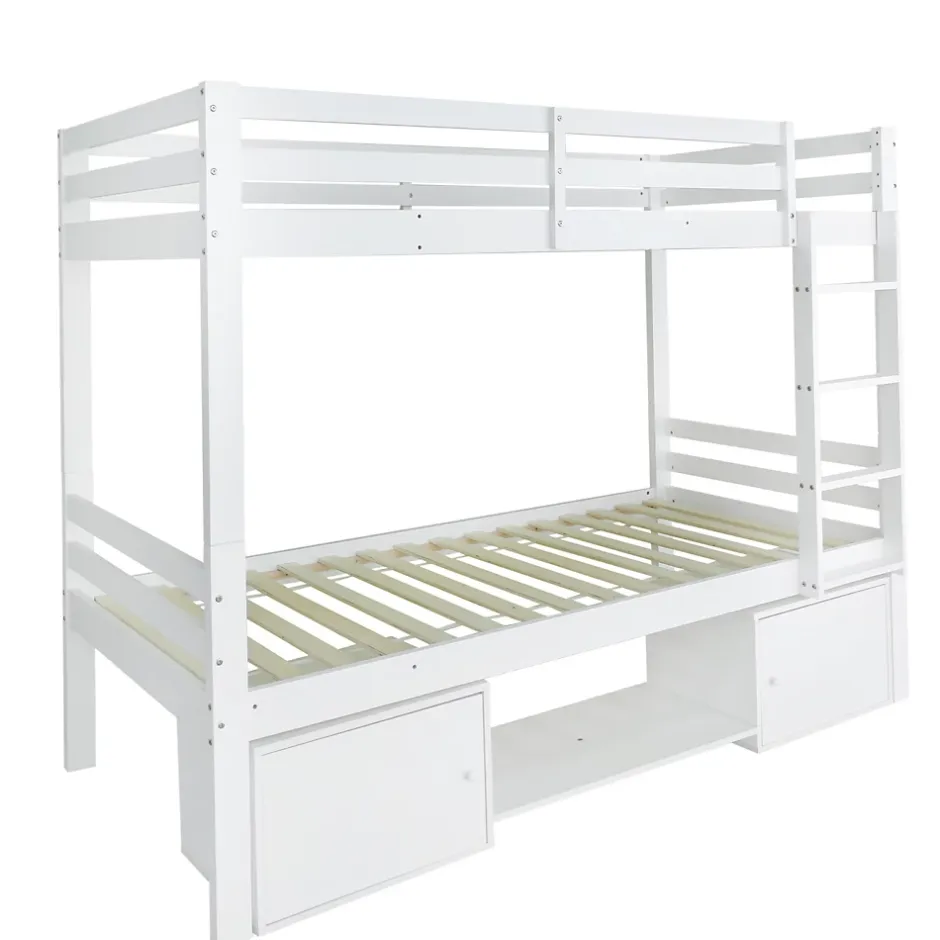 Simple Life Lit superposé enfant avec rangements chaussures et casiers, convertible 2 lits simples, blanc, 90x200 cm
