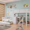 Enfant Simple Life Lit superposé enfant, échelle à 3 marches, 2 tiroirs, bureau, garde-corps, lattes solides, MDF pin, blanc, 90x200cm