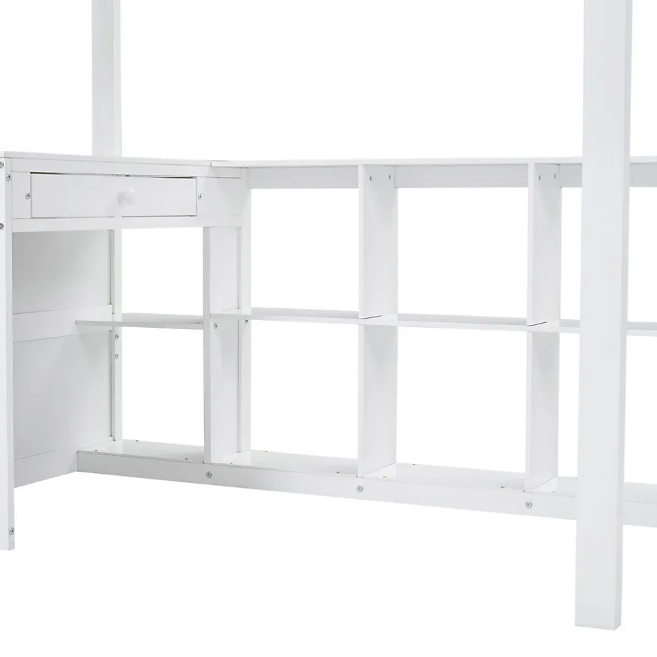 Enfant Simple Life Lit superposé enfant, échelle à 3 marches, 2 tiroirs, bureau, garde-corps, lattes solides, MDF pin, blanc, 90x200cm
