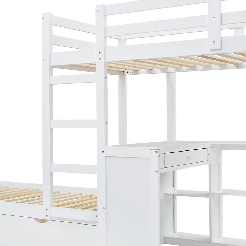 Enfant Simple Life Lit superposé enfant, échelle à 3 marches, 2 tiroirs, bureau, garde-corps, lattes solides, MDF pin, blanc, 90x200cm