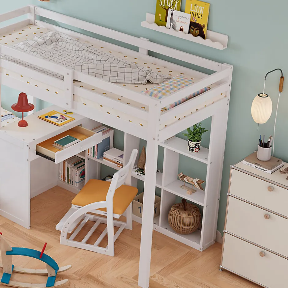 Enfant Simple Life Lit superposé enfant, échelle à 3 marches, 2 tiroirs, bureau, garde-corps, lattes solides, MDF pin, blanc, 90x200cm