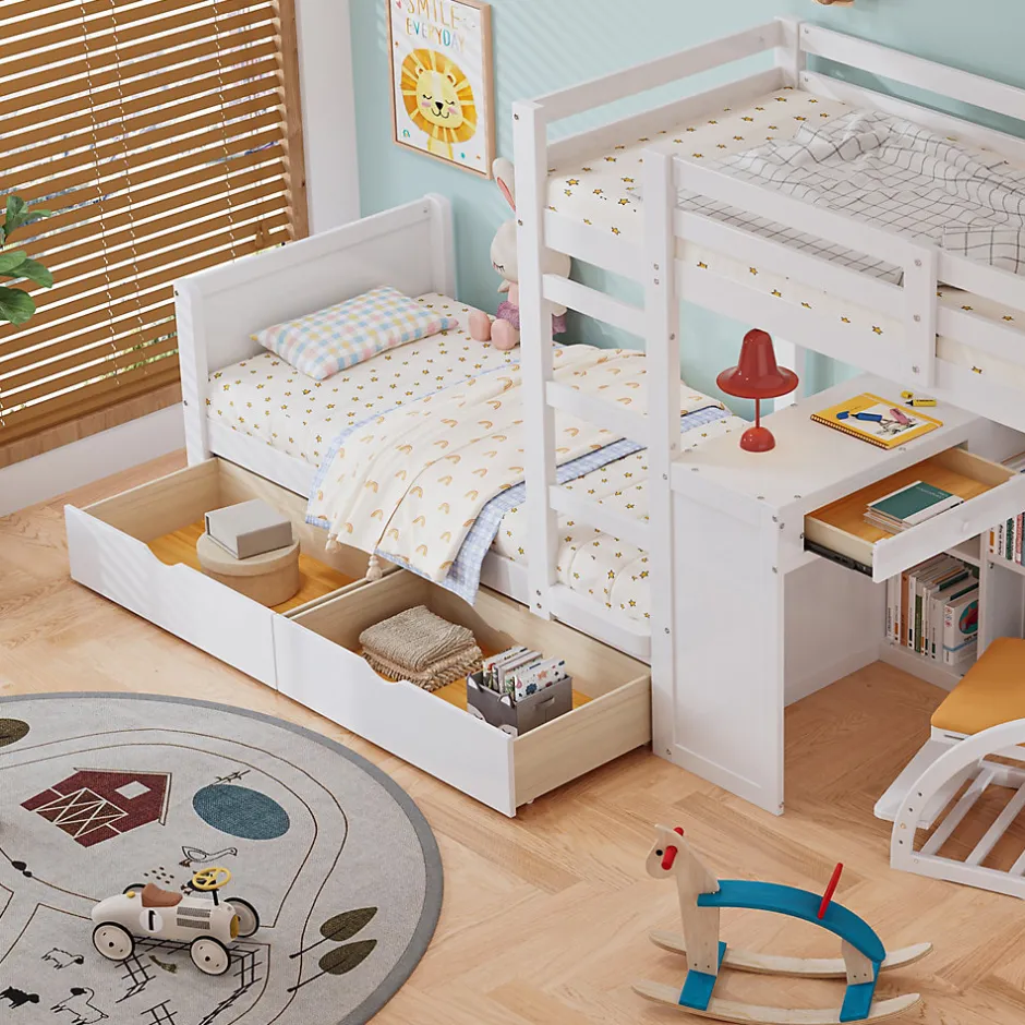 Enfant Simple Life Lit superposé enfant, échelle à 3 marches, 2 tiroirs, bureau, garde-corps, lattes solides, MDF pin, blanc, 90x200cm