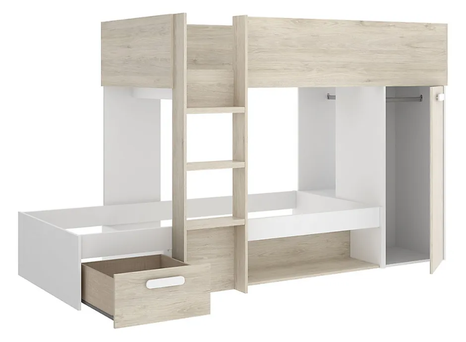 Enfant Pegane Lit superposé enfant coloris chêne naturel, blanc, imitation lamelles, couchage 90 x190 cm