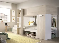 Enfant Pegane Lit superposé enfant coloris chêne naturel, blanc, imitation lamelles, couchage 90 x190 cm