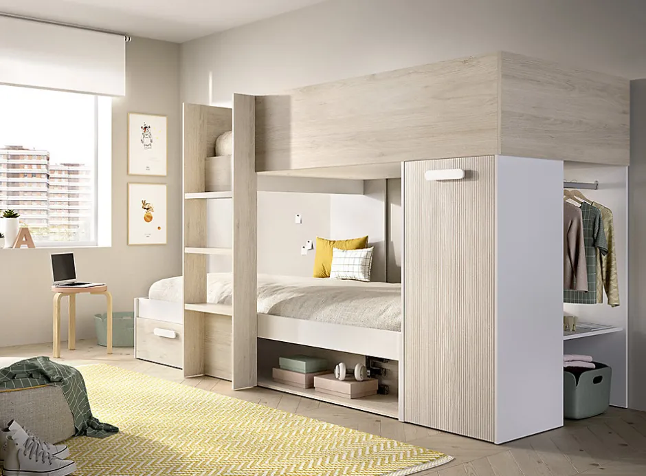 Enfant Pegane Lit superposé enfant coloris chêne naturel, blanc, imitation lamelles, couchage 90 x190 cm