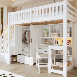 Enfant Okwish Lit Superposé Enfant 90x200 cm - avec Escalier de Rangement et Bureau Intégré, Armoire et Tiroirs - Bois/MDF/Contreplaqué Blanc