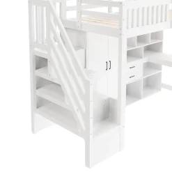 Enfant Okwish Lit Superposé Enfant 90x200 cm - avec Escalier de Rangement et Bureau Intégré, Armoire et Tiroirs - Bois/MDF/Contreplaqué Blanc