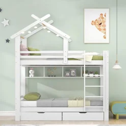 Okwish Lit Superposé enfant 90x200 cm - Lit avec 2 Tiroirs et 4 Niches de Rangement - Structure en Bois Pin et MDF - Blanc, Sans Matelas New