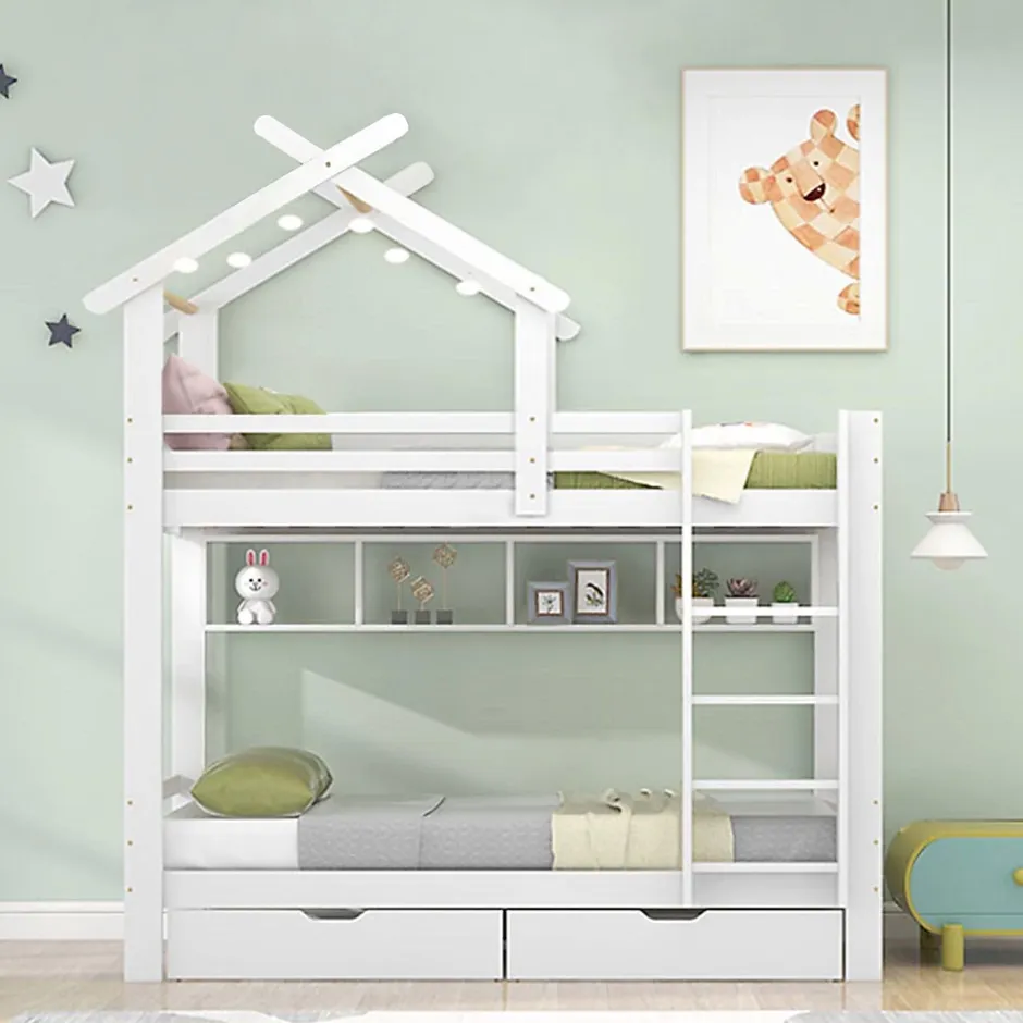 Okwish Lit Superposé enfant 90x200 cm - Lit avec 2 Tiroirs et 4 Niches de Rangement - Structure en Bois Pin et MDF - Blanc, Sans Matelas New