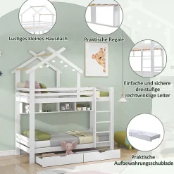 Okwish Lit Superposé enfant 90x200 cm - Lit avec 2 Tiroirs et 4 Niches de Rangement - Structure en Bois Pin et MDF - Blanc, Sans Matelas New