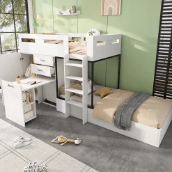 Enfant Okwish Lit Superposé enfant 90x200 cm - Lit avec Bureau Escamotable et Armoire - MDF et Panneaux Stratifiés - Sans Matelas - Blanc