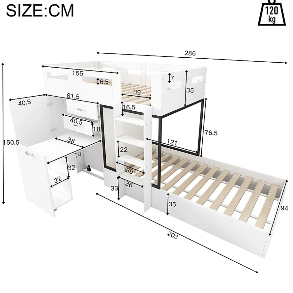 Enfant Okwish Lit Superposé enfant 90x200 cm - Lit avec Bureau Escamotable et Armoire - MDF et Panneaux Stratifiés - Sans Matelas - Blanc