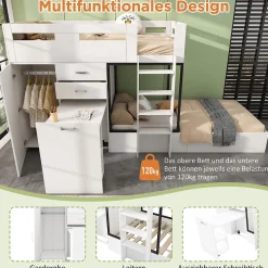 Enfant Okwish Lit Superposé enfant 90x200 cm - Lit avec Bureau Escamotable et Armoire - MDF et Panneaux Stratifiés - Sans Matelas - Blanc