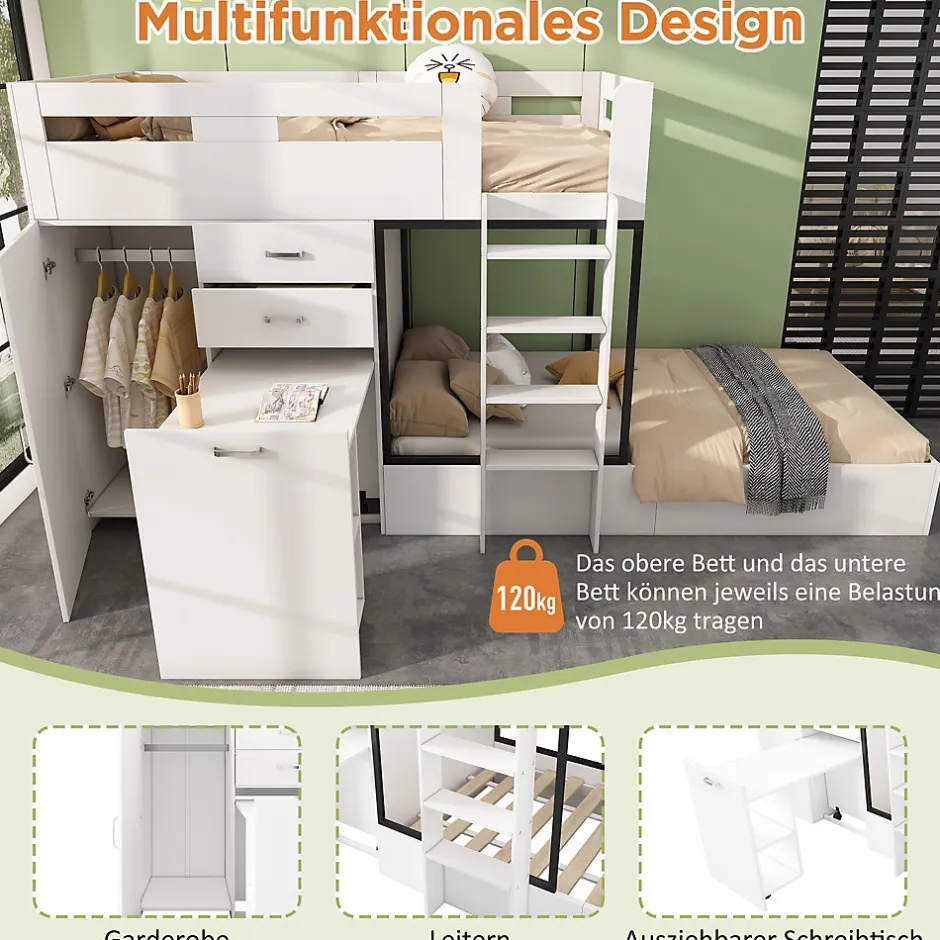 Enfant Okwish Lit Superposé enfant 90x200 cm - Lit avec Bureau Escamotable et Armoire - MDF et Panneaux Stratifiés - Sans Matelas - Blanc