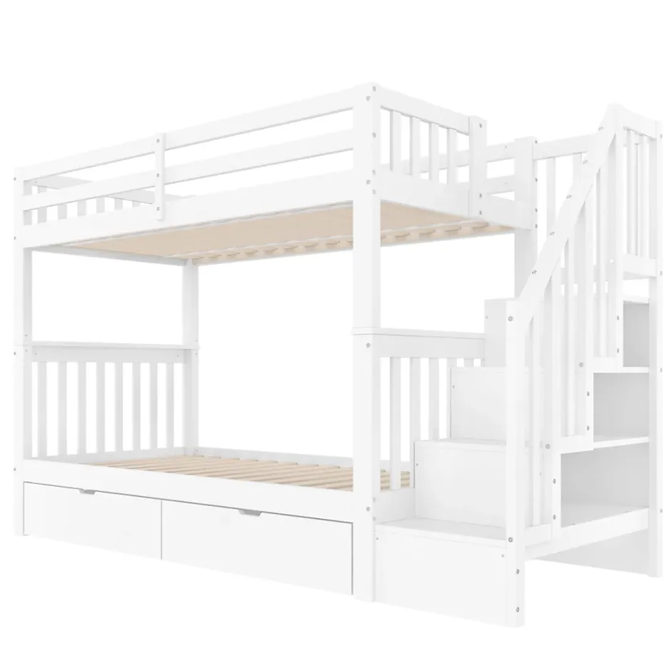 ProximaX Lit superposé enfant 90x200 cm blanc avec étagère escalier, 2 tiroirs, barrières hautes, certifié EN747-1, sûr et pratique Best