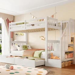 ProximaX Lit superposé enfant 90x200 cm blanc avec étagère escalier, 2 tiroirs, barrières hautes, certifié EN747-1, sûr et pratique Best