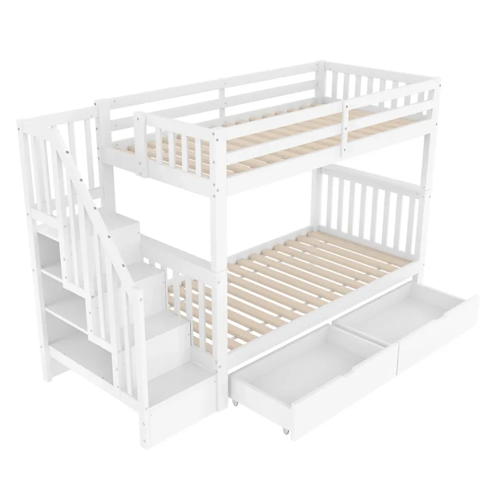 ProximaX Lit superposé enfant 90x200 cm blanc avec étagère escalier, 2 tiroirs, barrières hautes, certifié EN747-1, sûr et pratique Best