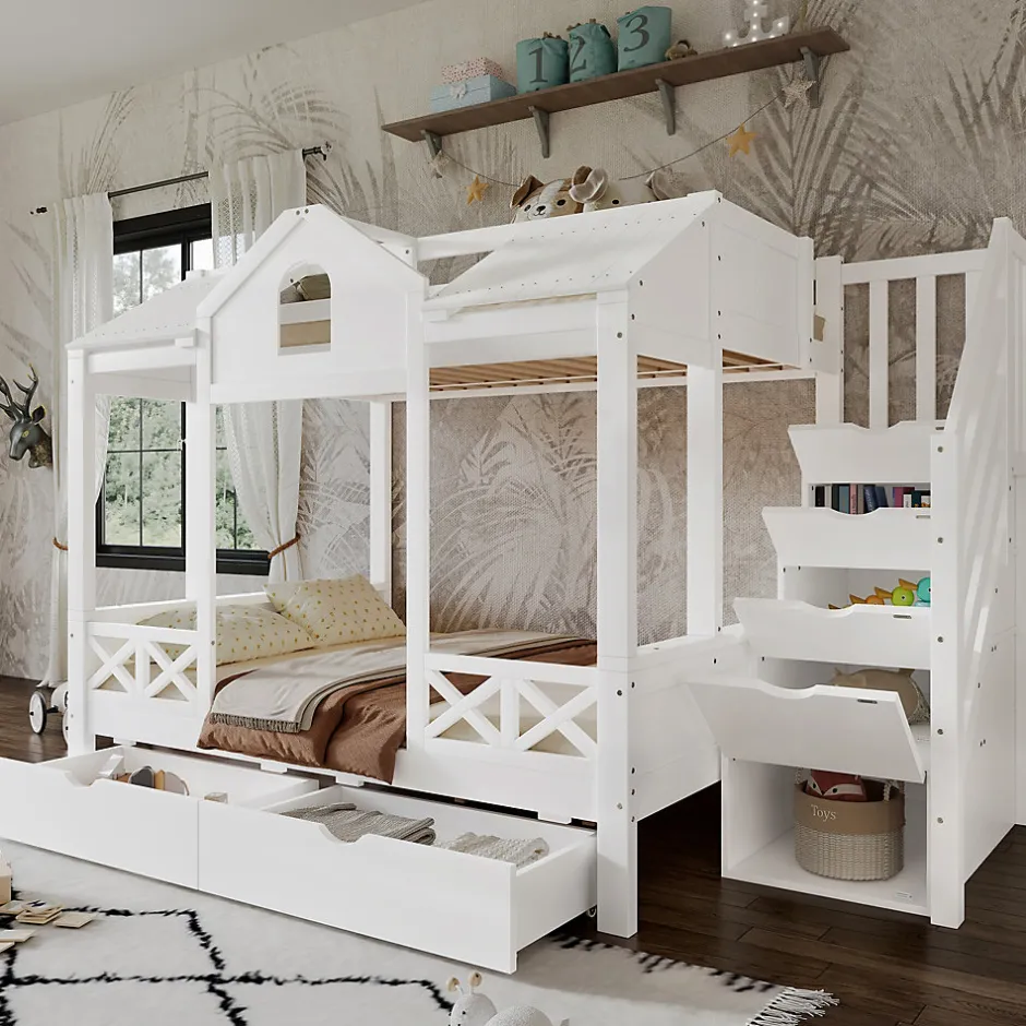 Enfant Okwish Lit Superposé Enfant 90/140x200 cm, 2 Tiroirs à Roulettes, Escalier, 4 Cases de Rangement, Fenêtres et Toit, Sans Matelas, Blanc
