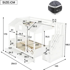 Enfant Okwish Lit Superposé Enfant 90/140x200 cm, 2 Tiroirs à Roulettes, Escalier, 4 Cases de Rangement, Fenêtres et Toit, Sans Matelas, Blanc