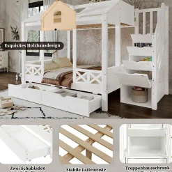 Enfant Okwish Lit Superposé Enfant 90/140x200 cm, 2 Tiroirs à Roulettes, Escalier, 4 Cases de Rangement, Fenêtres et Toit, Sans Matelas, Blanc