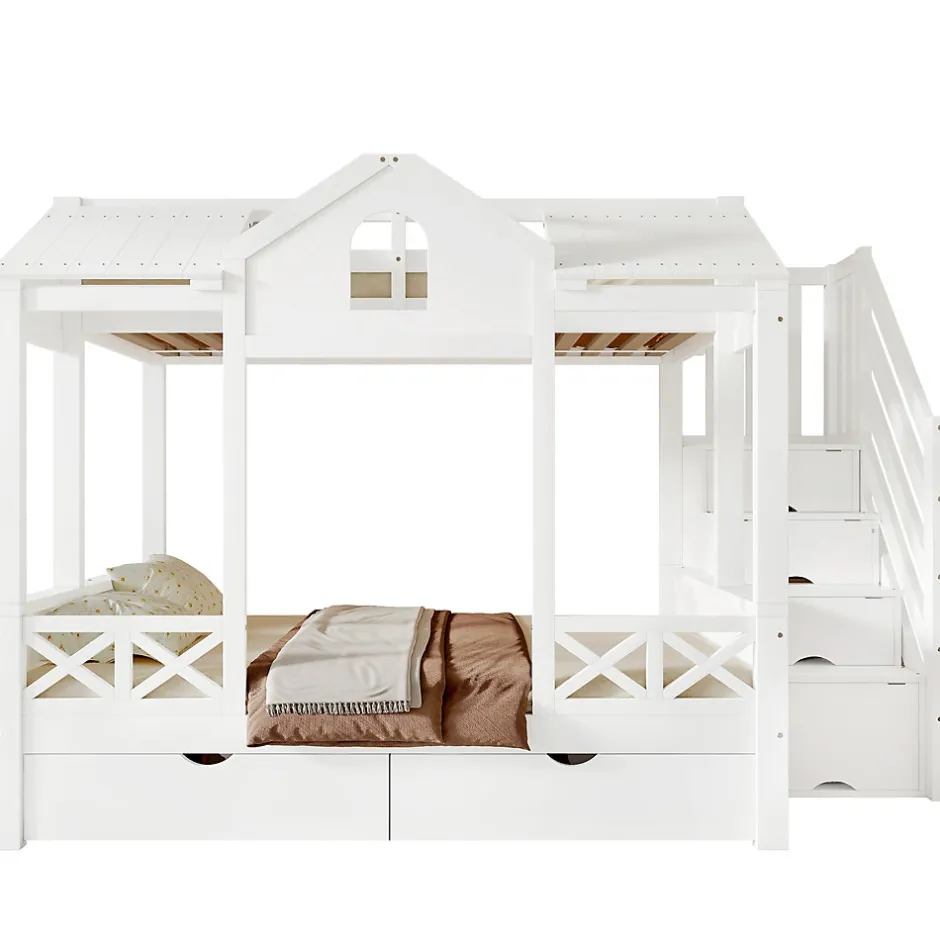 Enfant Okwish Lit Superposé Enfant 90/140x200 cm, 2 Tiroirs à Roulettes, Escalier, 4 Cases de Rangement, Fenêtres et Toit, Sans Matelas, Blanc