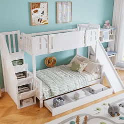 Enfant Okwish Lit Superposé enfant 90x200 cm avec Toboggan et Escalier, Cabane Blanc avec Casiers de Rangement, Pin et MDF, Sans Matelas - Blanc