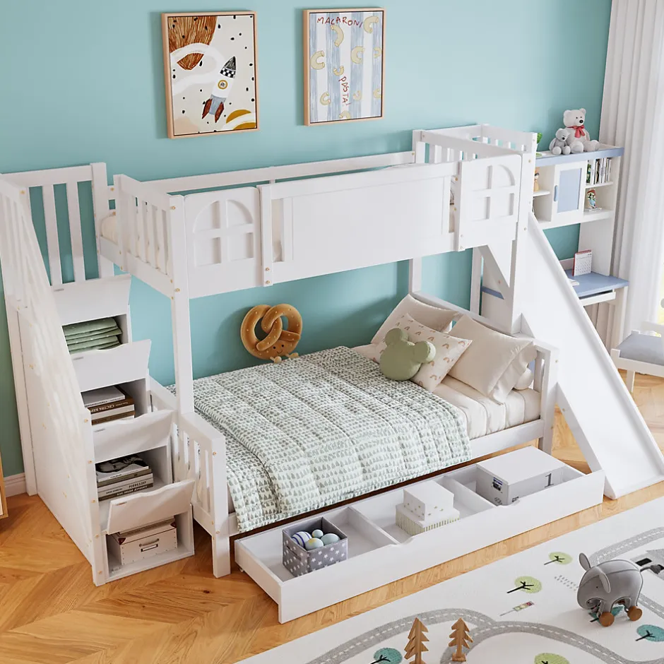 Enfant Okwish Lit Superposé enfant 90x200 cm avec Toboggan et Escalier, Cabane Blanc avec Casiers de Rangement, Pin et MDF, Sans Matelas - Blanc