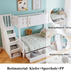 Enfant Okwish Lit Superposé enfant 90x200 cm avec Toboggan et Escalier, Cabane Blanc avec Casiers de Rangement, Pin et MDF, Sans Matelas - Blanc