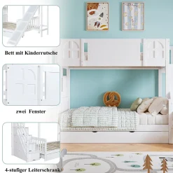 Enfant Okwish Lit Superposé enfant 90x200 cm avec Toboggan et Escalier, Cabane Blanc avec Casiers de Rangement, Pin et MDF, Sans Matelas - Blanc