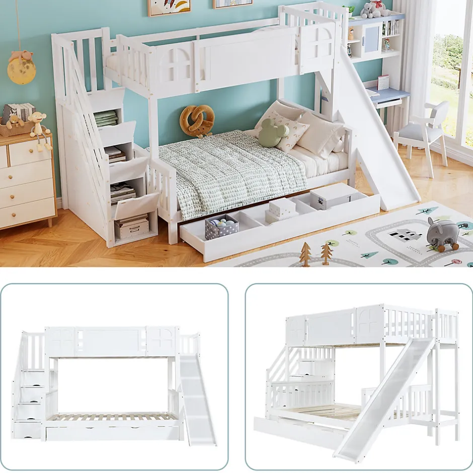 Enfant Okwish Lit Superposé enfant 90x200 cm avec Toboggan et Escalier, Cabane Blanc avec Casiers de Rangement, Pin et MDF, Sans Matelas - Blanc