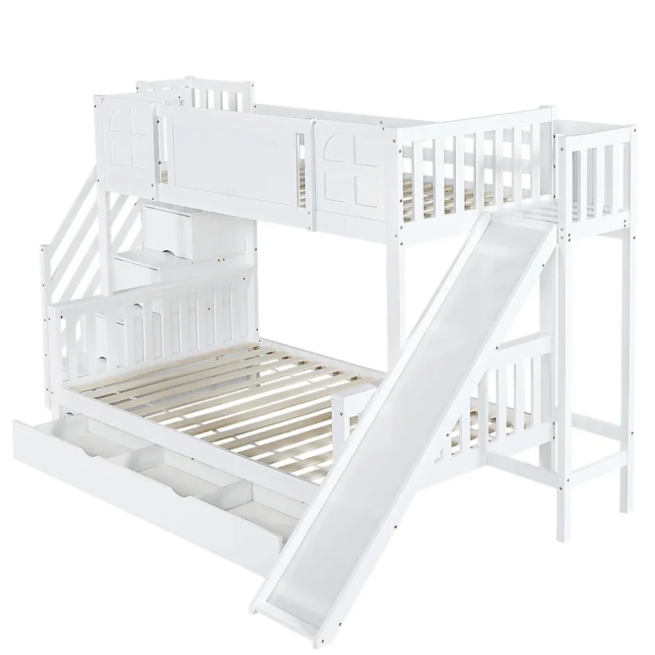 Enfant Okwish Lit Superposé enfant 90x200 cm avec Toboggan et Escalier, Cabane Blanc avec Casiers de Rangement, Pin et MDF, Sans Matelas - Blanc