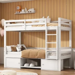 ProximaX Lit superposé enfant 90x200 cm blanc avec casiers et étagères à chaussures, convertible en 2 lits simples Discount