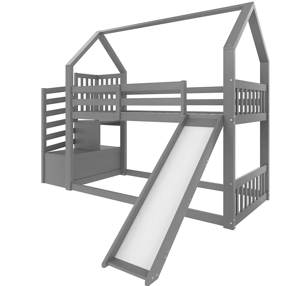 Okwish Lit Superposé Enfant 90x200 cm - Lit avec Toboggan et Escalier de Rangement - Cadre Bois MDF - Sans Matelas - Gris Sale