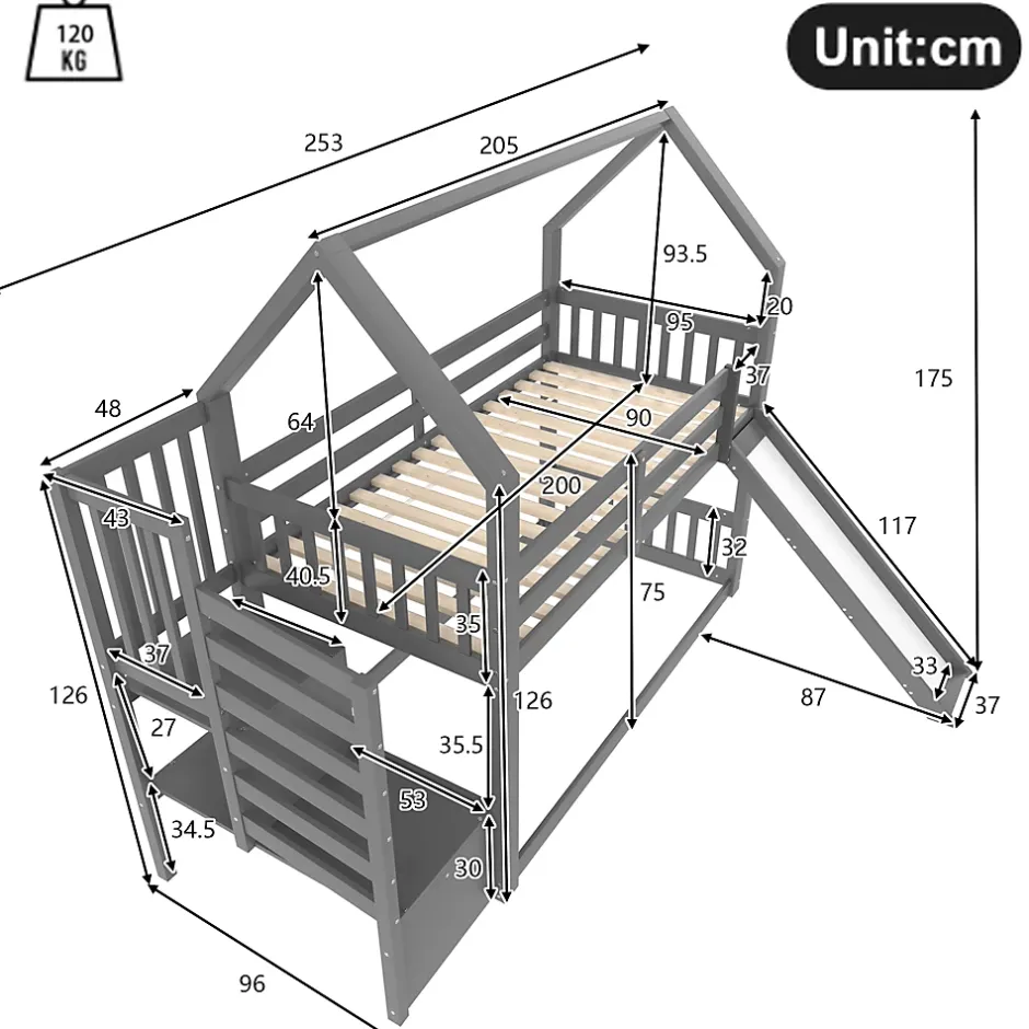 Okwish Lit Superposé Enfant 90x200 cm - Lit avec Toboggan et Escalier de Rangement - Cadre Bois MDF - Sans Matelas - Gris Sale