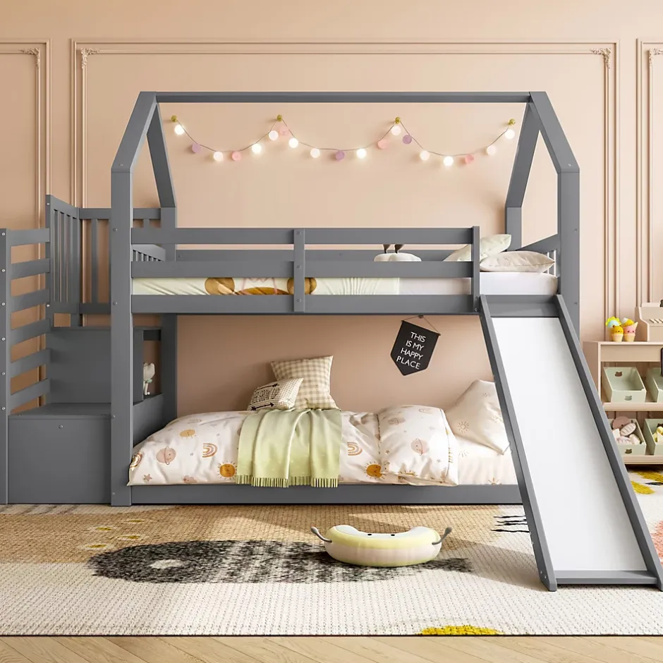 Okwish Lit Superposé Enfant 90x200 cm - Lit avec Toboggan et Escalier de Rangement - Cadre Bois MDF - Sans Matelas - Gris Sale