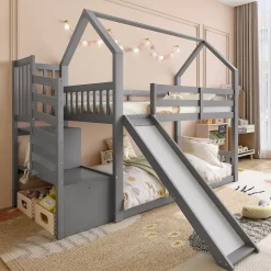 Okwish Lit Superposé Enfant 90x200 cm - Lit avec Toboggan et Escalier de Rangement - Cadre Bois MDF - Sans Matelas - Gris Sale