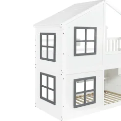 ModernLuxe Lit superposé enfant 90x200 cm avec fenêtre - avec échelle de rangement - bois massif + MDF - blanc + gris (sans matelas) Discount