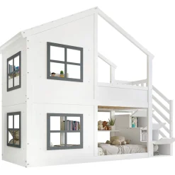 ModernLuxe Lit superposé enfant 90x200 cm avec fenêtre - avec échelle de rangement - bois massif + MDF - blanc + gris (sans matelas) Discount