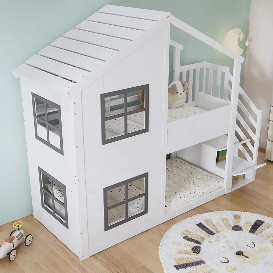 ModernLuxe Lit superposé enfant 90x200 cm avec fenêtre - avec échelle de rangement - bois massif + MDF - blanc + gris (sans matelas) Discount