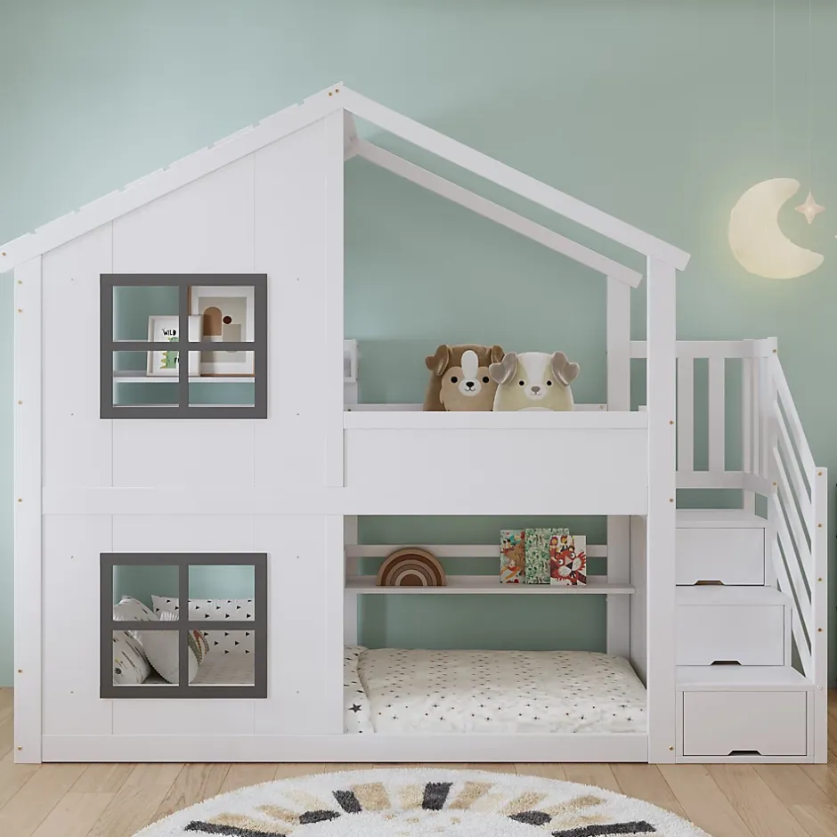 ModernLuxe Lit superposé enfant 90x200 cm avec fenêtre - avec échelle de rangement - bois massif + MDF - blanc + gris (sans matelas) Discount